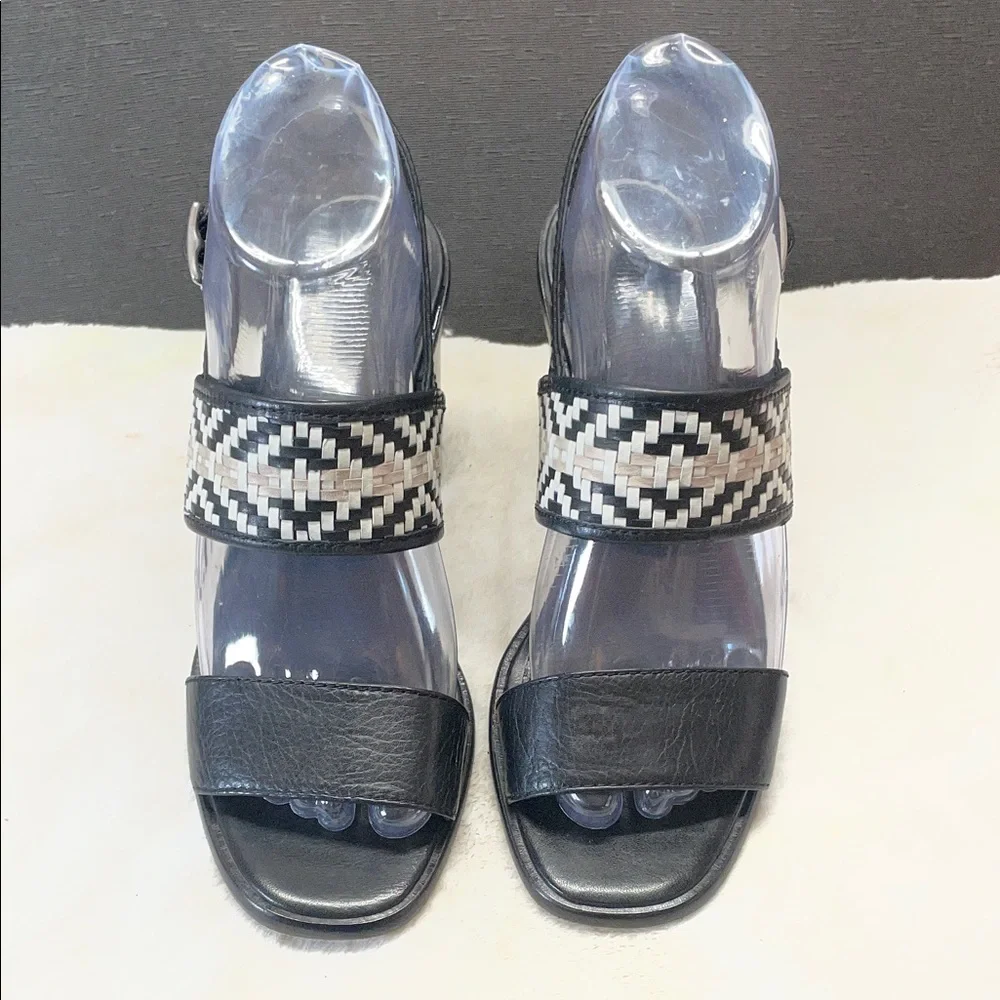 Frye Amy Black Block Heel Sandal with Woven Neutral‎ Accent